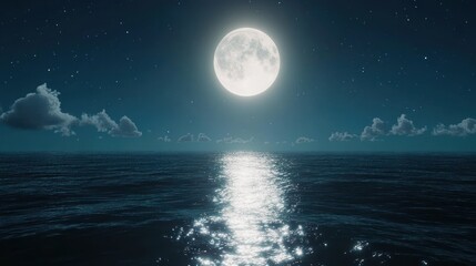 Full moon over a calm ocean at night, with  clouds.  Moonlight reflecting on the water