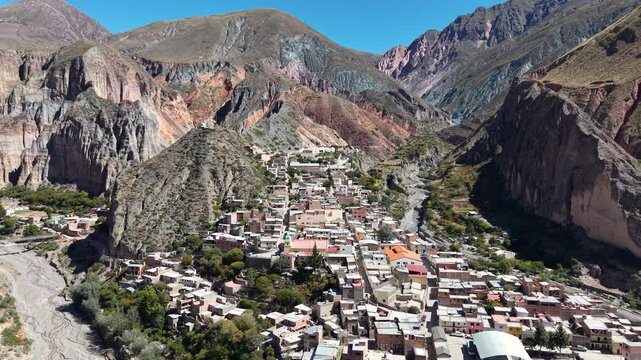 Aerial video of Iruya, a small town in the middle of the mountains. Salta, North of Argentina.