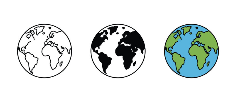 Three Simple Earth Globe Illustrations Line Art Black White and Color