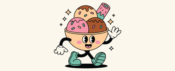 Happy Ice Cream Sundae Cartoon Character Walking