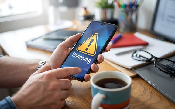 Mobile Phone Scanning Process At Desk With Coffee