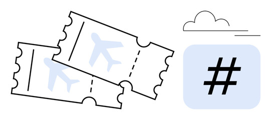 Two airplane tickets next to a metadata tag and a cloud. Ideal for travel, booking, tourism, social media, digital marketing, online platforms, and a simple landing page
