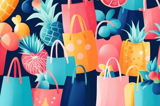 Full shopping bags of vegetables and fruits in colorful flat style vector, sustainable shopping theme