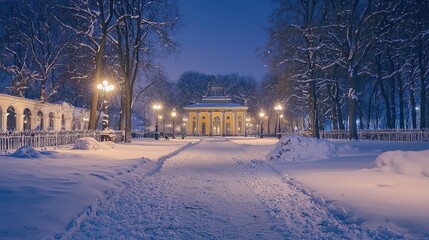 Snowy winter evening scene in a park with a building.