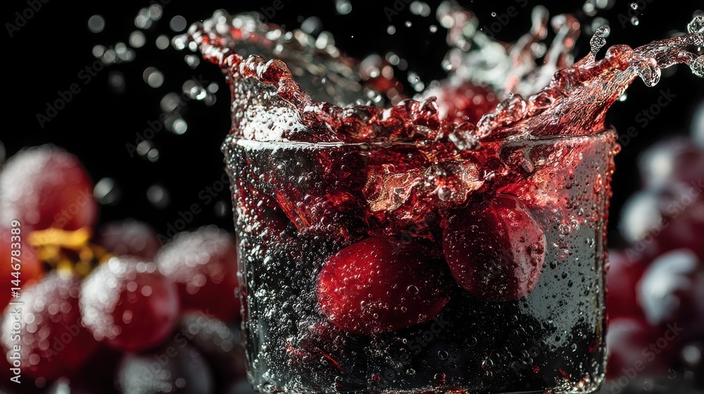 Poster close-up of a refreshing red grape juice splash with fresh grapes on black