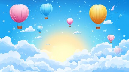 Fototapeta premium Colorful Hot Air Balloons Gracefully Ascending into a Bright Blue Sky Creating a Joyful Atmosphere