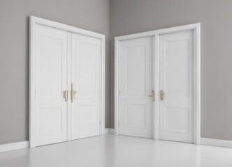 Sleek white wooden doors showcase diverse opening styles, pristine white backdrop , elegant, fresh