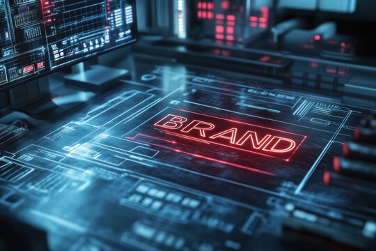 Futuristic 3D scene showing text "BRAND" emerging from rough design sketches, creative branding concept
