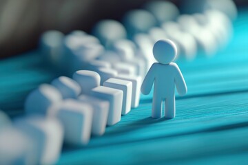 Blue leader figure stopping domino fall among white figures, business leadership resilience idea, 3D rendering