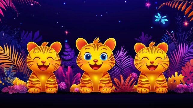 Three adorable pixelated tigers amidst vibrant coral formations create a captivating underwater adventure illustration for children's content and animated stories