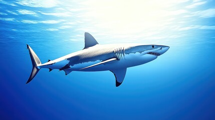 Fototapeta premium Magnificent apex predator drifting in clear blue depths portraying wildlife and marine ecology conservation with sun rays shining in the ocean abyss