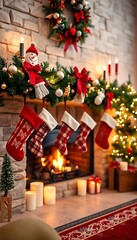 Fototapeta premium fireplace decorated with christmas stockings and stockings