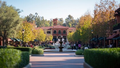 A vibrant outdoor plaza featuring a fountain, surrounded by trees and people enjoying the space.