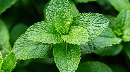 Fresh Green Mint Leaves Close-Up on Vibrant Green Background