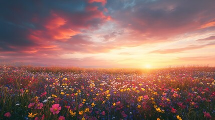 Vibrant Field of Wildflowers Under a Breathtaking Sunset Creating a Peaceful and Serene Atmosphere