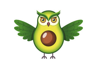 Illustration of an avocado owl with leaf wings on a white background