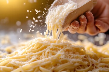 Grating cheese onto pasta isolated on transparent background