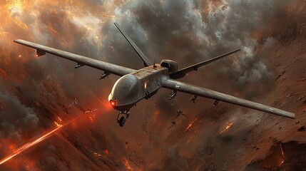 Drone aircraft in mid-flight amidst a dramatic fiery battle scene.
