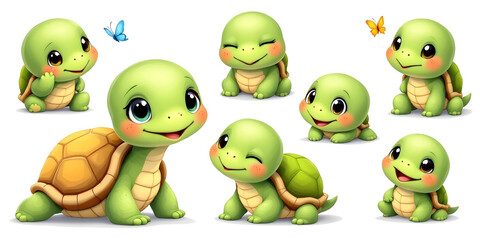 Obraz premium Cute baby turtles collection with happy expressions and butterflies around