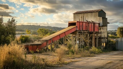 Rustic Industrial Landscape: A Conveyor Belt System at Sunset