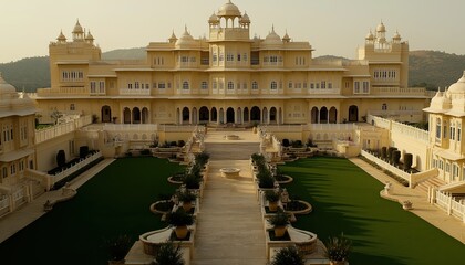 Grand Indian Palace Hotel with Ornate Architecture and Courtyard Gardens
