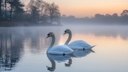 Serene swans glide on a misty lake at dawn