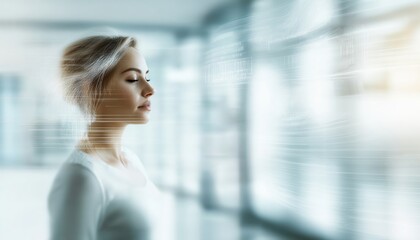 Meditative Woman with Eyes Closed in Office Building
