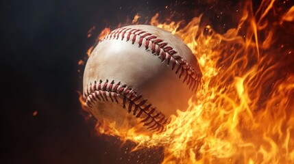 Baseball engulfed in fiery flames, a dynamic and intense image.  The ball is centered, with vibrant orange-yellow flames surrounding it against a dark 