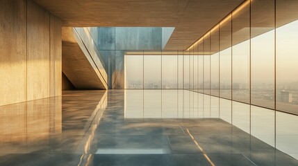 Modern interior space with city view.