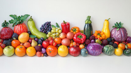 A vibrant tableau of colorful fruits and vegetables, each a masterpiece of nature's artistry, stands majestically against a pristine white backdrop, ready to captivate the viewer's senses 