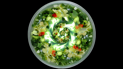 vortex in a dreamlike bowl with floating vegetables and binary broth