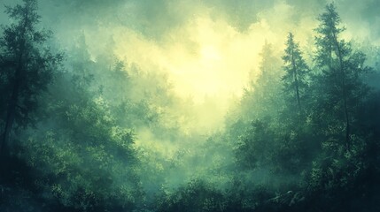 Obraz premium Vibrant Forest Scene with Tall Trees Illuminated by Bright Light Creating an Enchanting Atmosphere
