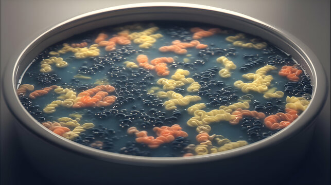 vortex in a dreamlike bowl with floating vegetables and binary broth