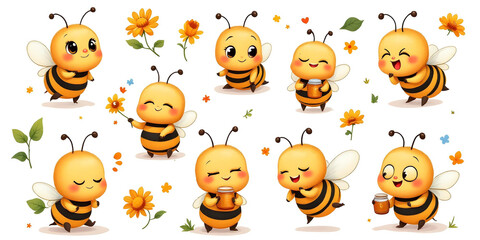 Fototapeta premium Cute cartoon bees with honey and flowers enjoying the summer season