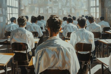 Fototapeta premium Male speaker giving presentation in hall at university workshop. Audience or conference hall. Rear view of unrecognized participants in audience. Scientific conference event, training. Education