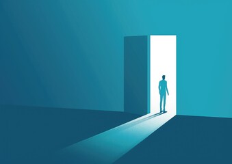 A businessman stands at an open door, embodying the surreal blend of opportunity and freedom in a vibrant world.