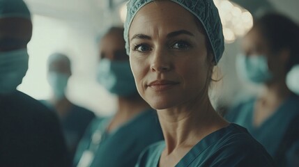 Focused surgeon surrounded by medical team