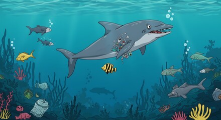 Fototapeta premium Shark Swimming in Ocean with Other Fish and Plastic Pollution
