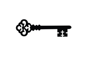 Skeleton key silhouette. This image shows a black silhouette of an ornate, antique skeleton key with intricate details, used for unlocking vintage locks. Vector clipart illustration design.