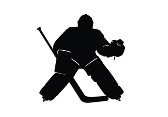 Hockey goalie silhouette. This image shows a black silhouette of a hockey goalie in full gear, including pads, helmet, gloves, and stick, in a defensive stance. Vector clipart illustration design.