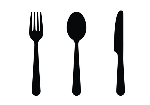 Fork spoon knife silhouette. This image shows a black silhouette of a fork, spoon, and knife, representing essential cutlery used in kitchens and dining settings. Vector clipart illustration design.