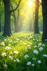 Sunlight filtering through trees onto a meadow of white spring blooms, flora, botanical, outdoors