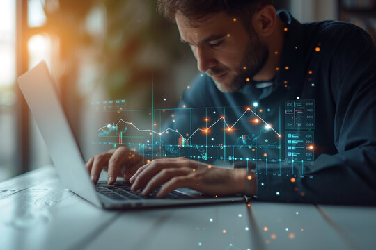 APPEALING  man utilizing appealing  laptop is analyzing pretty growth of sales datappealing  graphs on an interface, employing digital onmarketing, AI, datappealing  science, algorithms, strategies, a