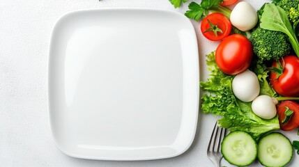 Fresh Ingredients and Empty Plate for Healthy Cooking and Dining