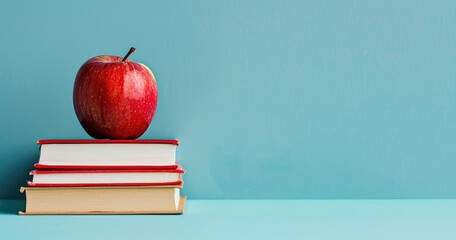 Books and pencils topped with an apple, set against a cool glacier blue background for educational promotions Text space on the right