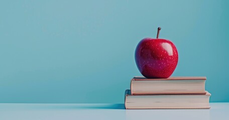 Books and pencils topped with an apple, set against a cool glacier blue background for educational promotions Text space on the right