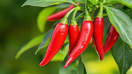 Fresh Red Chili Peppers Growing on a Vibrant Green Plant Stem