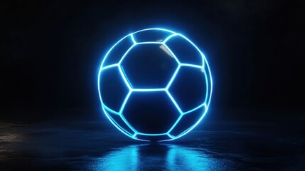 Naklejka premium A glowing blue soccer ball on a dark reflective surface. Neon blue outlines the hexagonal panels of the black ball
