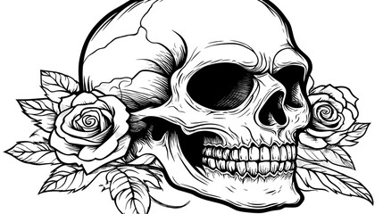 Black And White Skull Illustration With Roses Graphic Design Isolated Background