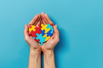 Autism Spectrum Disorder family support concept. Hands cradling a heart made of puzzle pieces